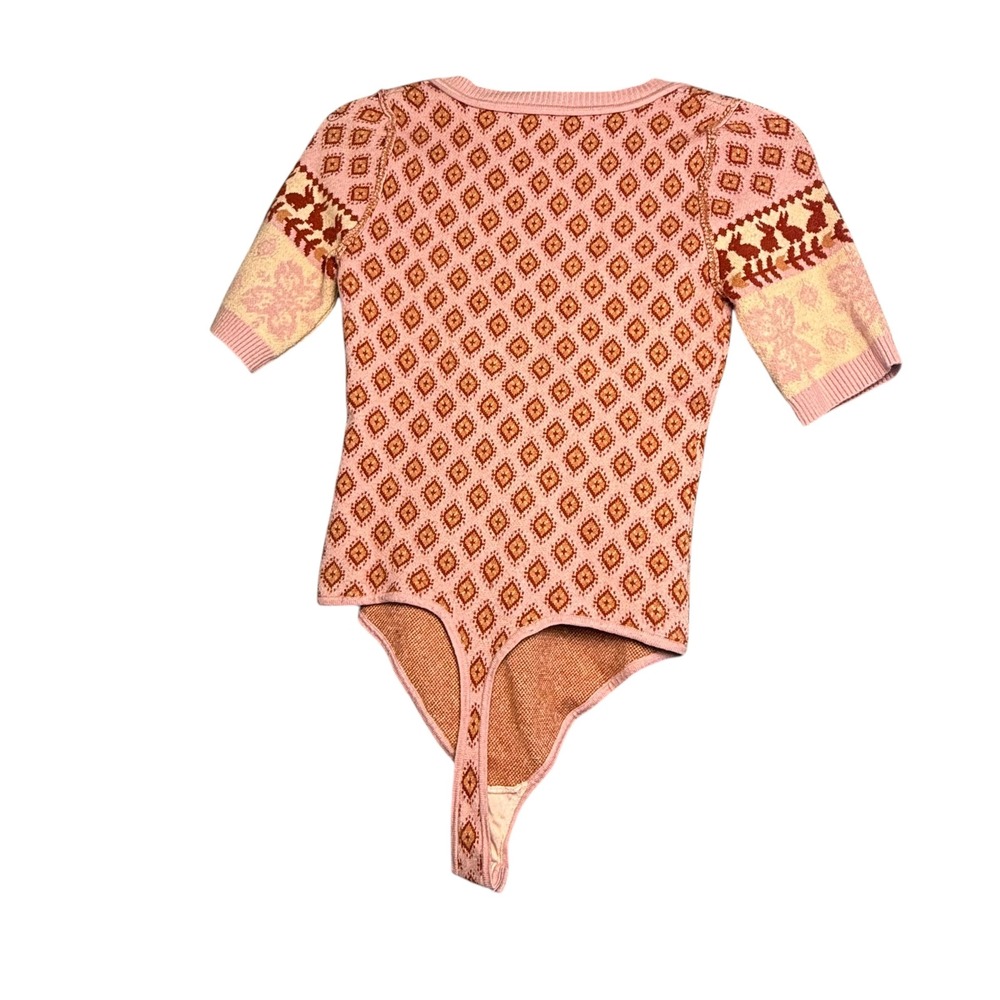 Free People Snow Bunnies Square Neck Bodysuit Pink Fair Isle Sweater XS - Picture 3 of 10